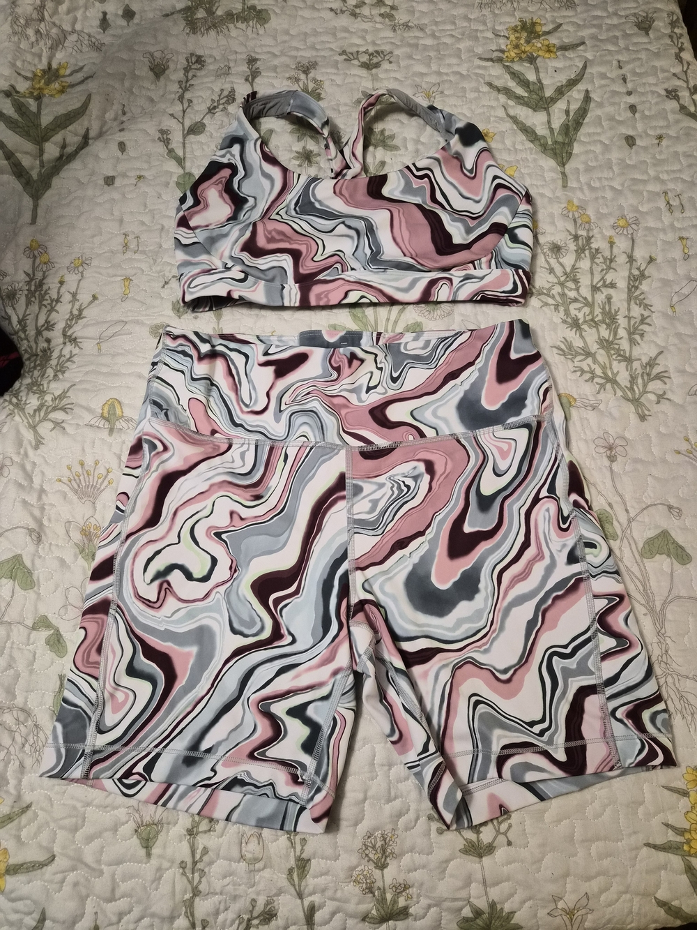 Athleta Marble Swirl Sports Bra & Shorts Set - Pink, Blue, Gray